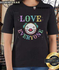 Funny Love Everyone Clown Face Tee in pastel rainbow colors, spreading positive vibes for ladies' casual wear.