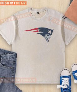 Alt Text: Funny New England Patriots logo on a washed t-shirt, perfect for casual game day outfits and sports fans.