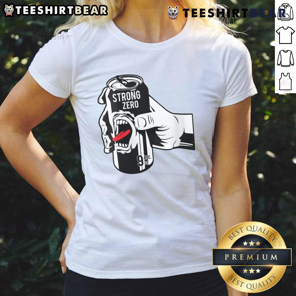 Funny Strong Zero beer can design on a Japanese alcohol-themed ladies tee for casual wear and humor lovers.