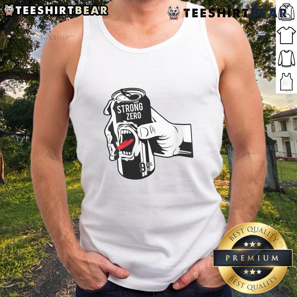 Alt Text: Funny Strong Zero beer can graphic on a trendy Japanese alcohol tank top for casual wear and unique style.