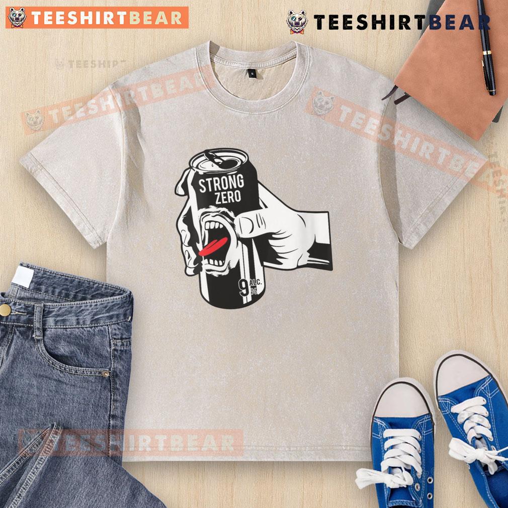 Funny Strong Zero beer can graphic on a Japanese alcohol-themed washed t-shirt, perfect for casual wear.
