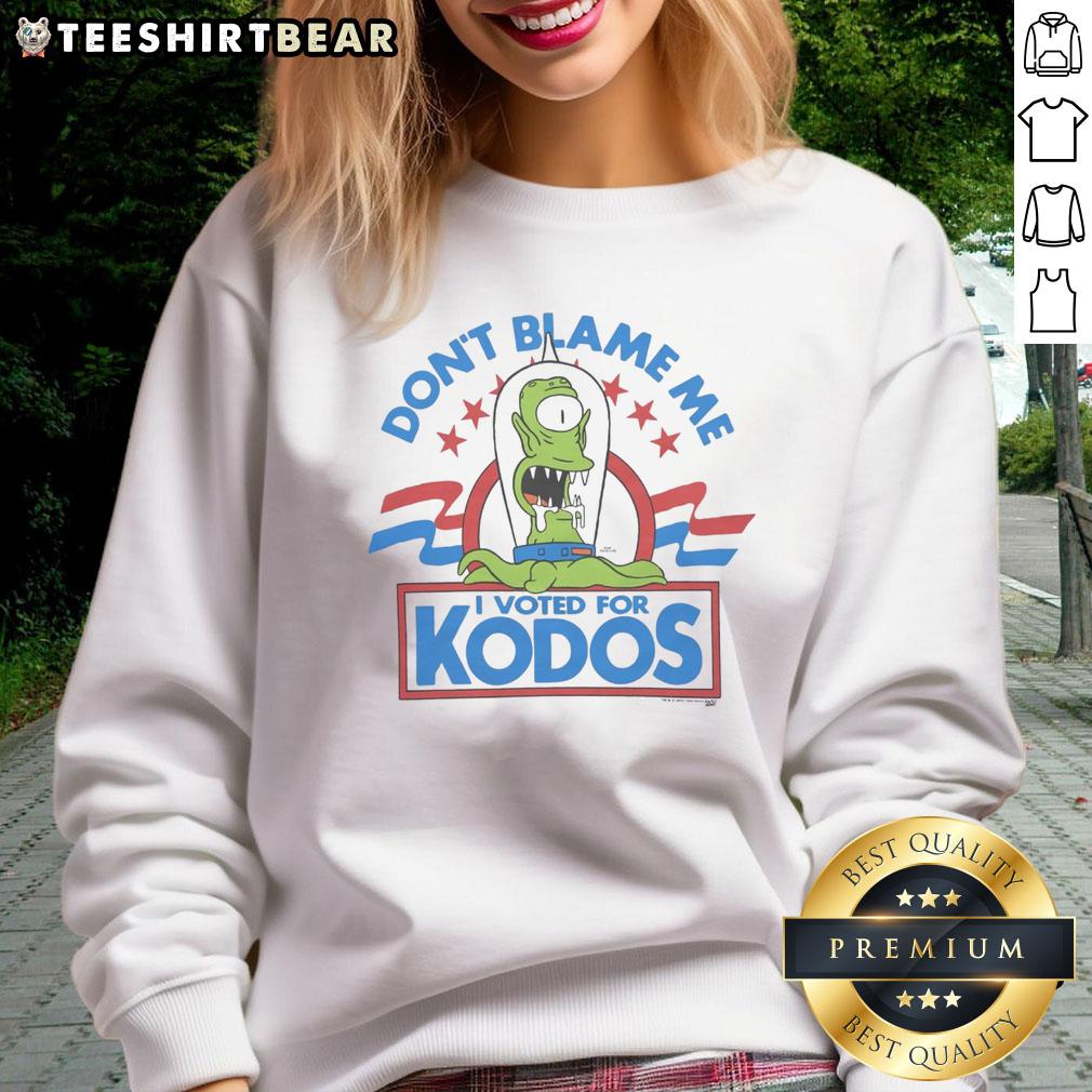 Alt Text: Funny The Simpsons Don't Blame Me I Voted For Kodos Sweatshirt featuring cartoon characters and humorous design.