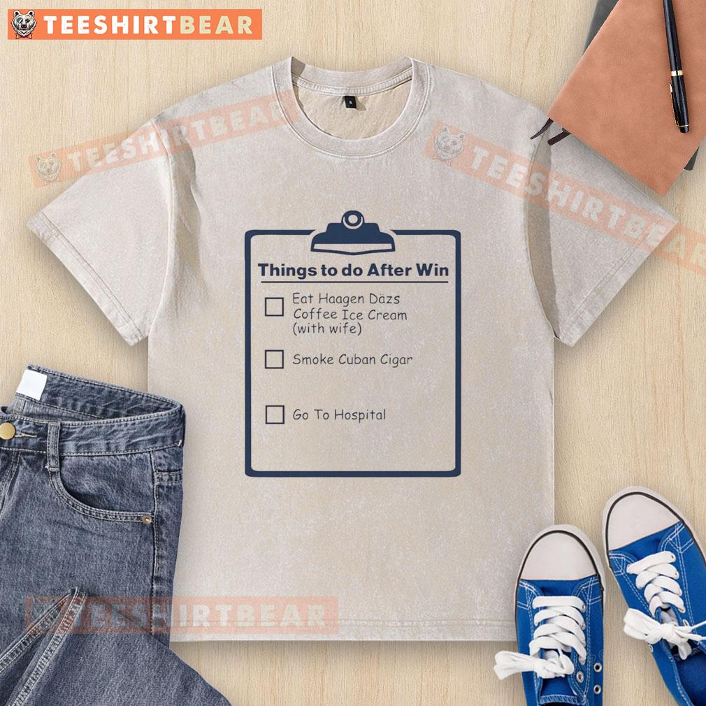Funny things to do after winning: a person joyfully holds a washed t-shirt with humorous designs at a celebration.