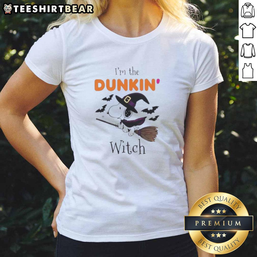 Good Dukin Donuts x Snoopy I'm The Witch Halloween Ladies Tee featuring a fun graphic perfect for Halloween festivities.