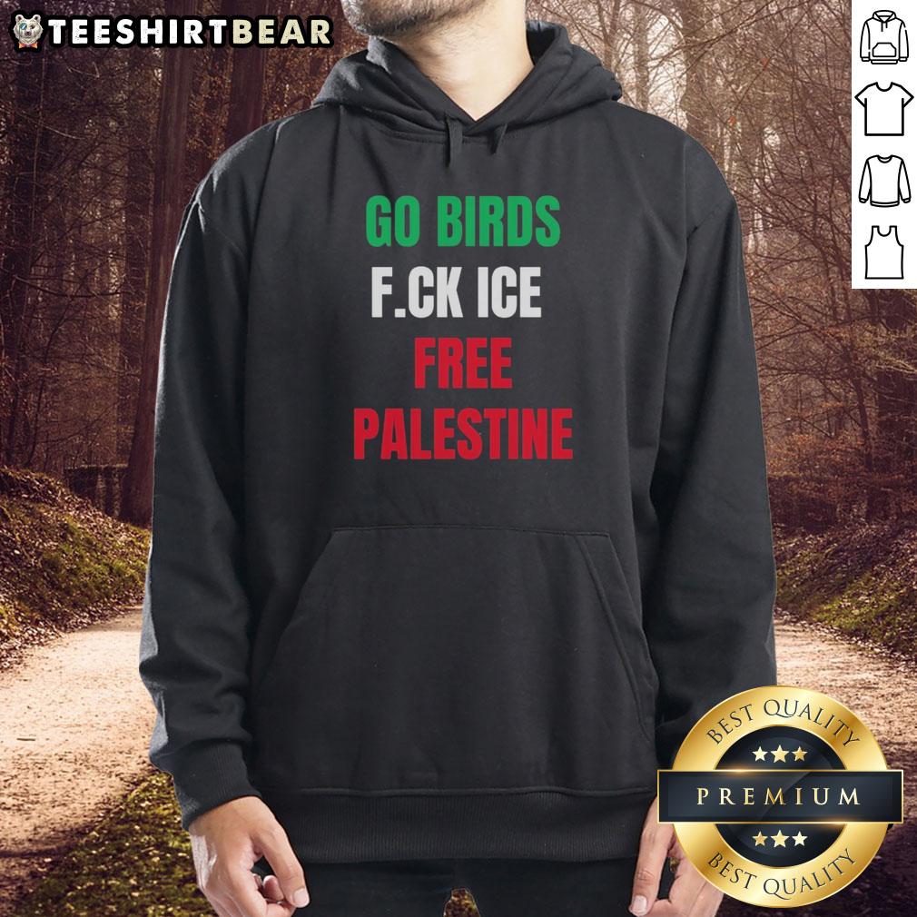 Good Go Birds Fk Ice Free Palestine shirt worn by Hannah Einbinder during Emmy event, promoting social justice.
