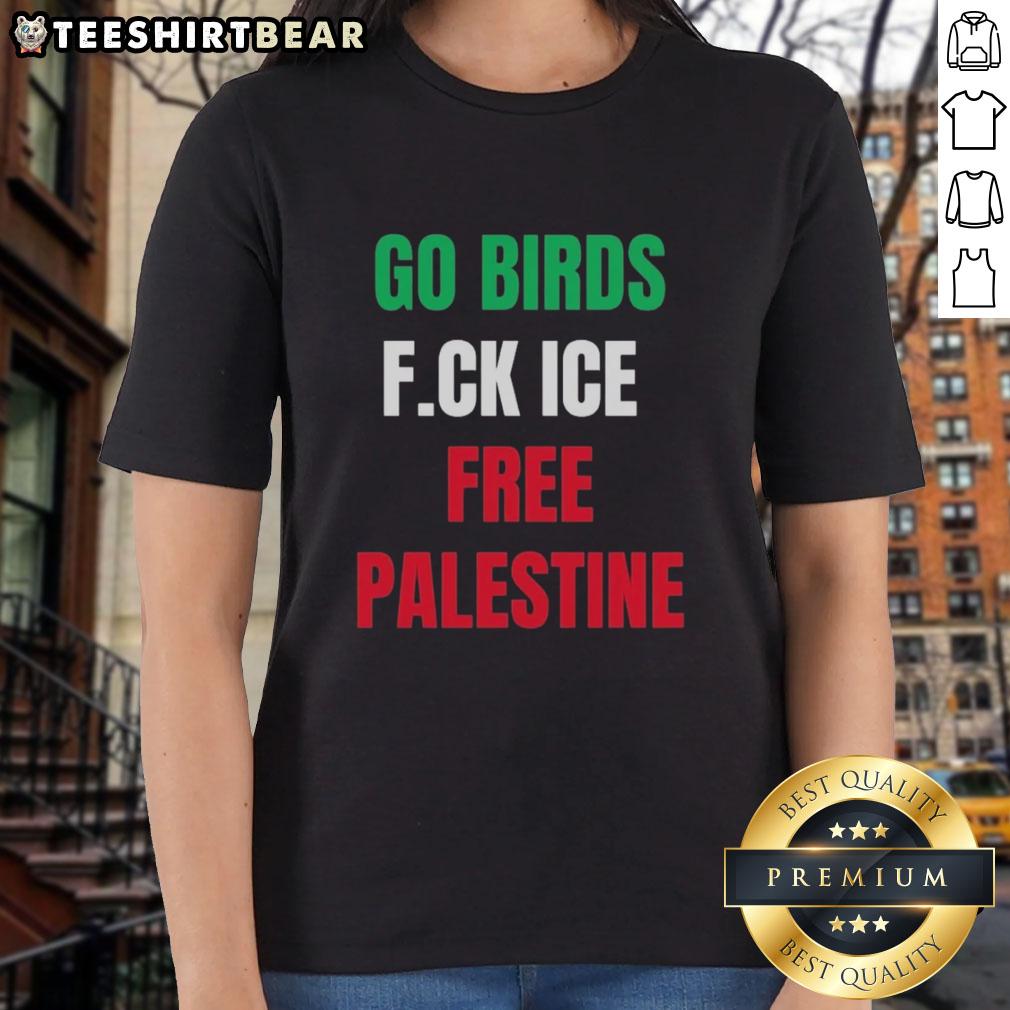 Good Go Birds F.C.K Ice Free Palestine shirt worn by Hannah Einbinder, showcasing a bold statement in women's fashion.