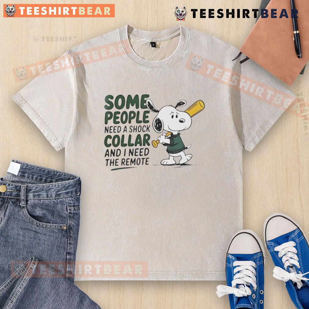 Alt Text: Good Snoopy baseball bat graphic on a washed t-shirt with the quote about needing a remote, perfect for Snoopy fans.
