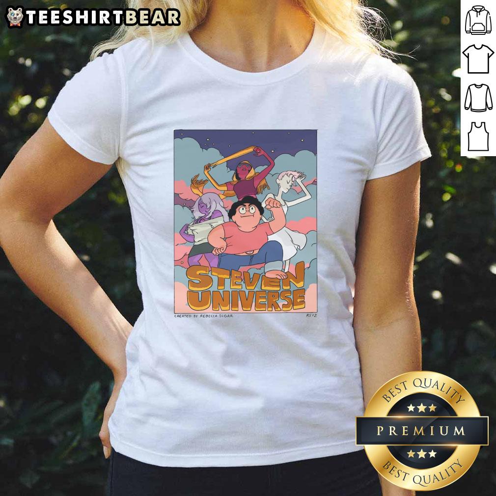Alt Text: Good Steven Universe Three Magical Guardians of the Universe and Steven Ladies Tee showcasing vibrant characters and design.