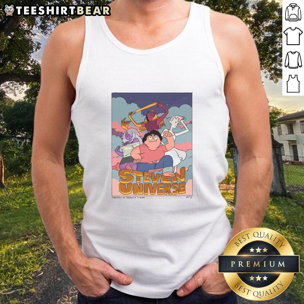 Good Steven Universe characters: three magical guardians and Steven in a tank top, showcasing their vibrant powers.