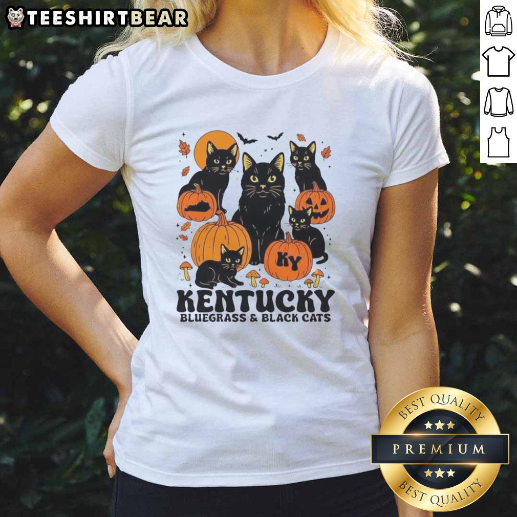 Alt Text: Halloween-themed ladies tee featuring bluegrass and black cats with pumpkins for a festive look.