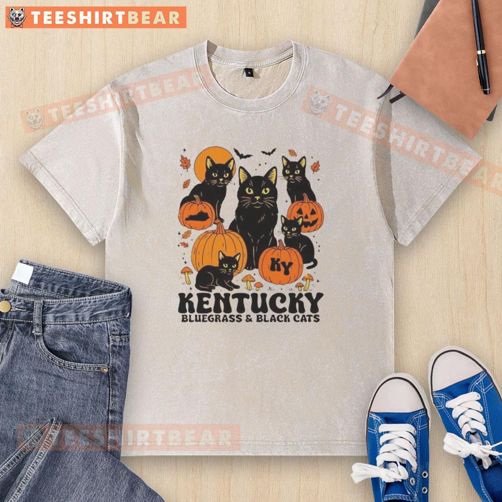 Alt Text: Good The Bluegrass and Black Cats Halloween pumpkin design on a washed t-shirt for festive fall fashion.