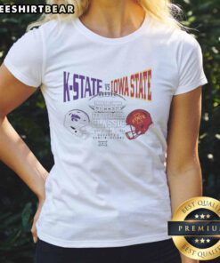 Hot K-State vs Iowa State 2025 Aer Lingus College Football Classic helmet design on a ladies tee shirt.
