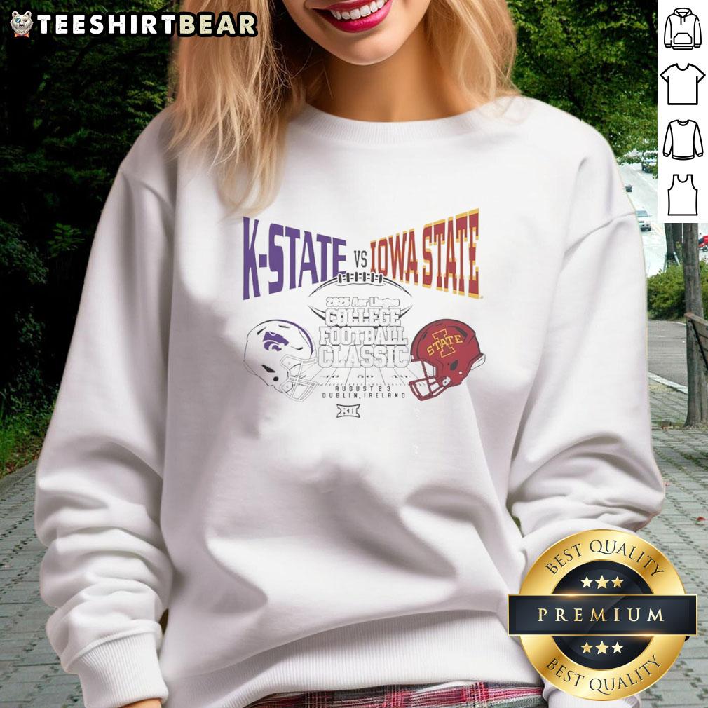 Alt Text: Hot K-State vs Iowa State 2025 Aer Lingus College Football Classic helmet sweatshirt design featuring team colors.