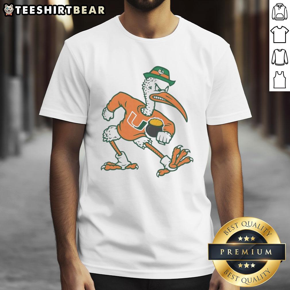 Miami Hurricanes X Notre Dame mascot t-shirt featuring vibrant graphics, perfect for college football fans.
