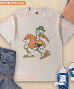 Alt Text: Nice Miami Hurricanes X Notre Dame mascot washed t-shirt showcasing vibrant team logos and comfortable fit.