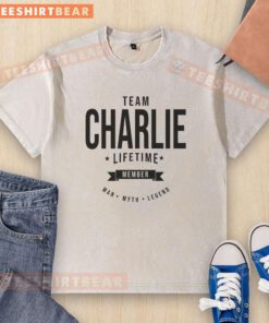 Charlie Kirk wearing a 'Man, Myth, Legend' washed t-shirt, showcasing his Nice Team Lifetime Member pride.