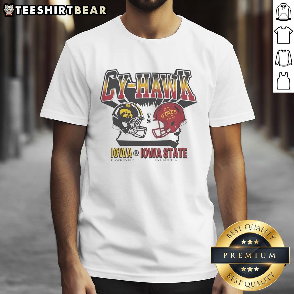 Alt Text: Official Cy-Hawk Iowa Hawkeyes vs Iowa State Cyclones helmet t-shirt featuring team logos and vibrant colors.