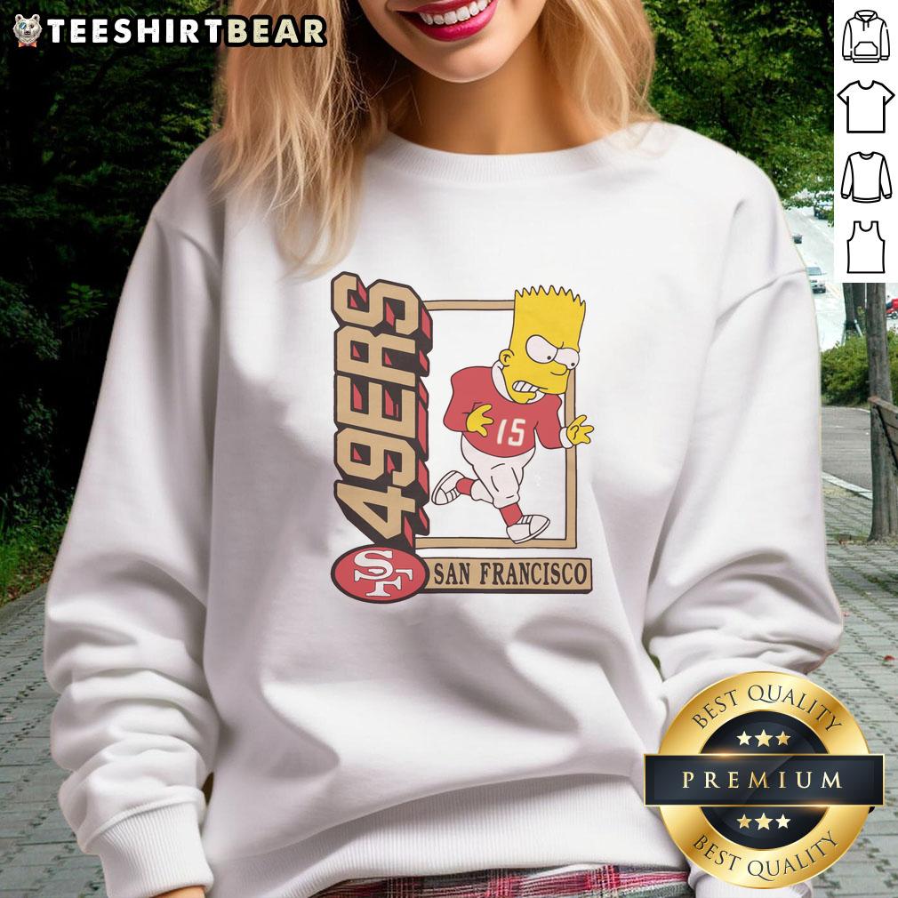 Alt Text: Bart Simpson in a San Francisco 49ers sweatshirt, blending iconic cartoon style with sporty fashion.