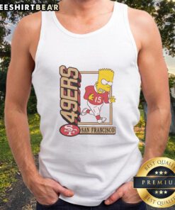 Bart Simpson in a San Francisco 49ers tank top, showcasing original design for fans of The Simpsons and football.