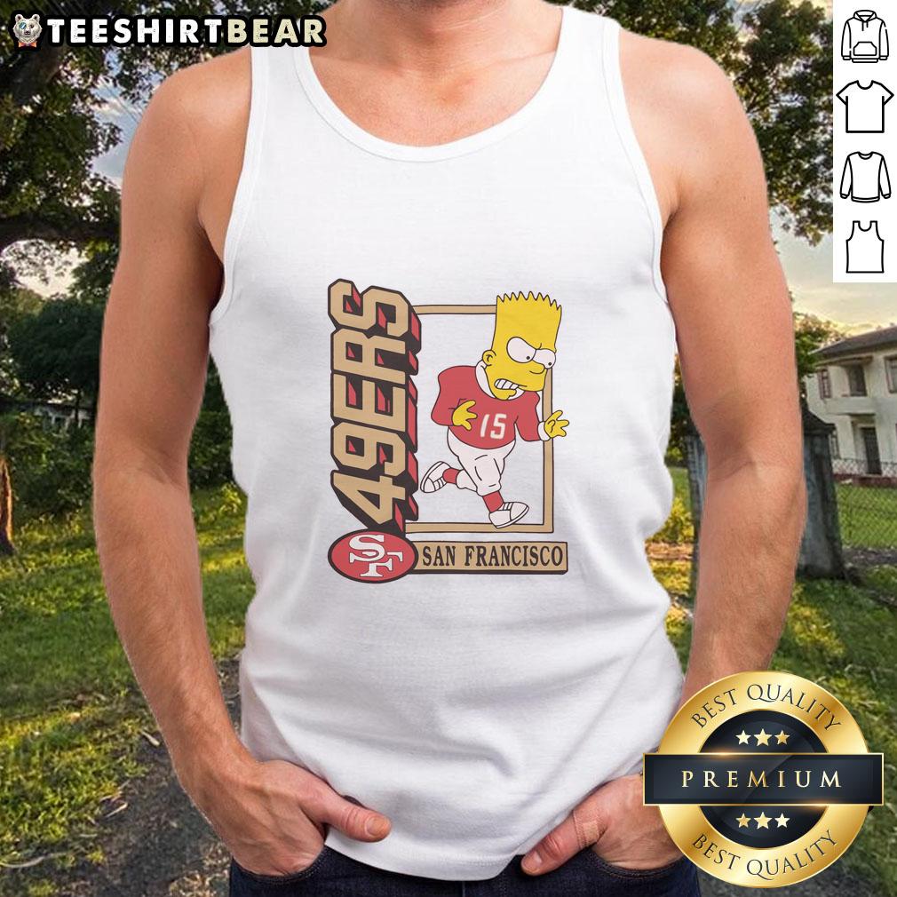 Bart Simpson in a San Francisco 49ers tank top, showcasing original design for fans of The Simpsons and football.