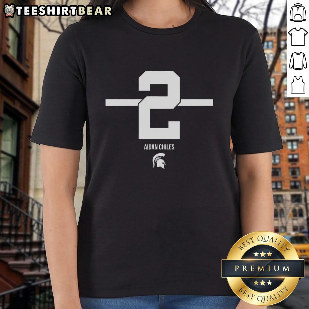 Premium Michigan State Spartans Football Aidan Chiles 2 Stripe Ladies Tee in green and white, perfect for fans.
