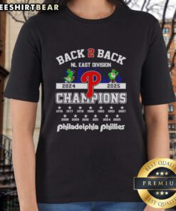 Alt Text: Ladies tee featuring the Philadelphia Phillies' Phillie Phanatic celebrating back-to-back East Division Champions 2025.