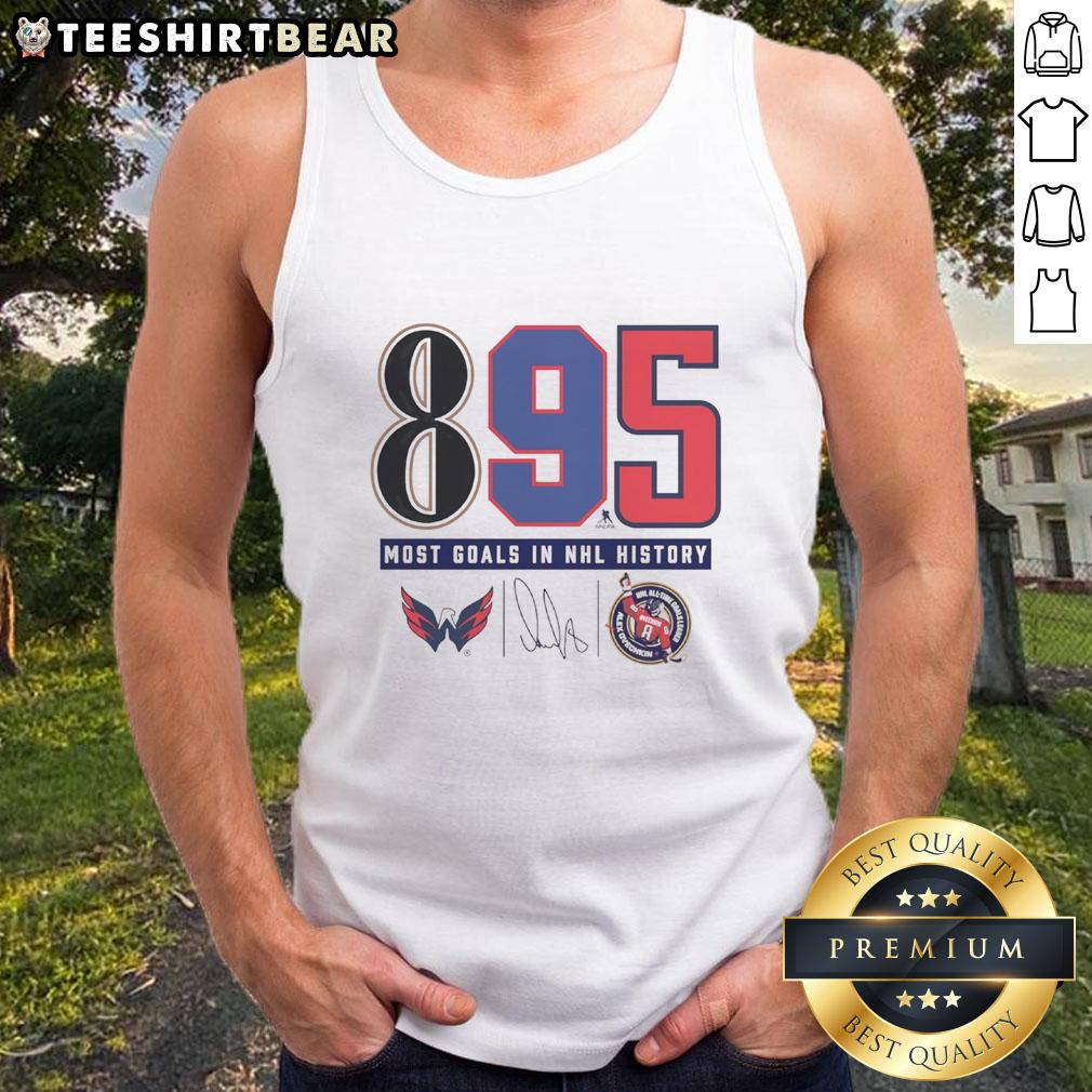 Alt Text: Alexander Ovechkin in a tank top celebrating as Washington Capitals' all-time leading goalscorer with 895 goals.