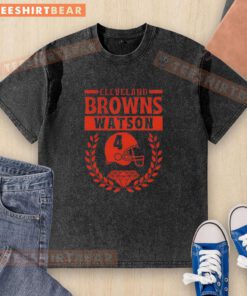 Alt Text: Cleveland Browns Watson football player 4 helmet diamond logo on a washed t-shirt, perfect for fans.