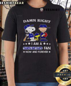 Top Damn Right I Am A Rays Fan Now And Forever tee featuring Snoopy and Charlie Brown, perfect for baseball fans.