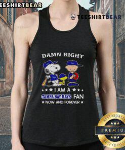 Top Damn Right I Am A Rays Fan Now And Forever tank top featuring Snoopy and Charlie Brown, perfect for baseball fans.