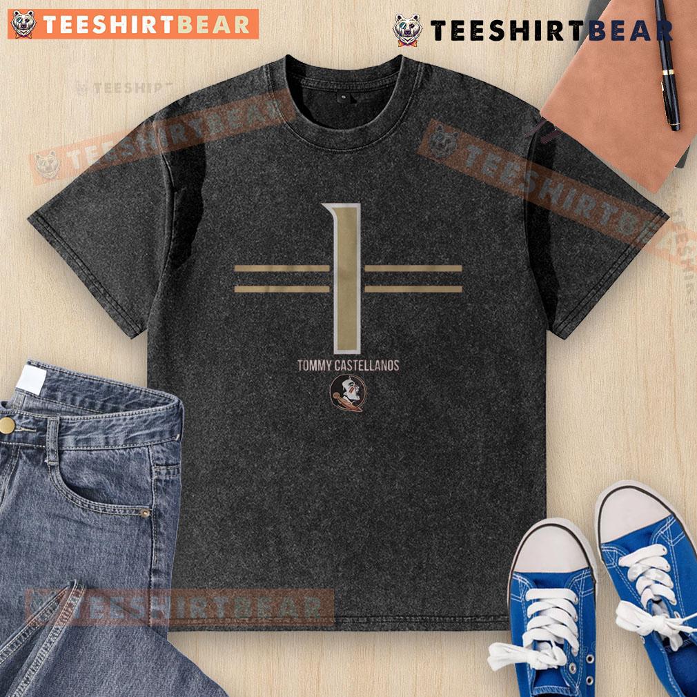 Top FSU Football Tommy Castellanos 1 Stripe Washed T-Shirt featuring a stylish design in garnet and gold colors.