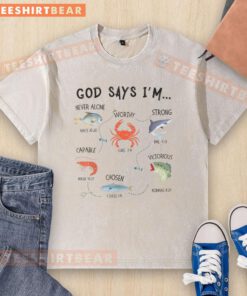 Top God Says I'm Bible Verse Christian Faith Scripture Fishing Washed T-Shirt in soft fabric, perfect for believers and anglers.