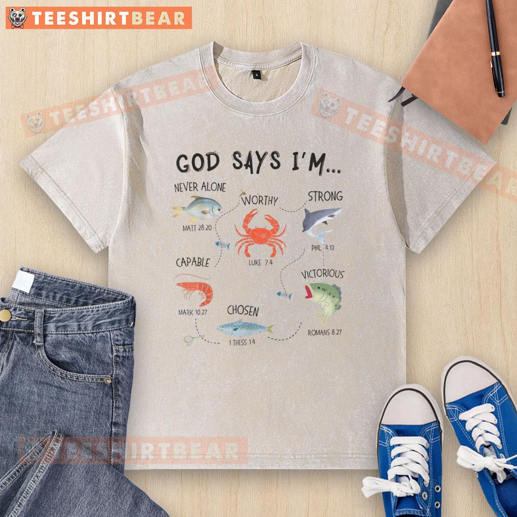 Top God Says I'm Bible Verse Christian Faith Scripture Fishing Washed T-Shirt in soft fabric, perfect for believers and anglers.