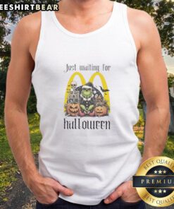 Alt Text: Top Grinch Halloween tank top design featuring a festive Grinch waiting for McDonald's Halloween celebration.