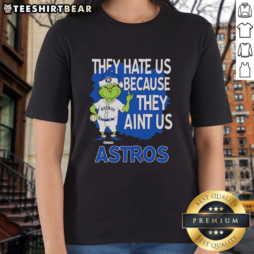 Top Houston Astros Grinch Christmas 'They Hate Us Ain't Us' ladies tee featuring festive design and team spirit.