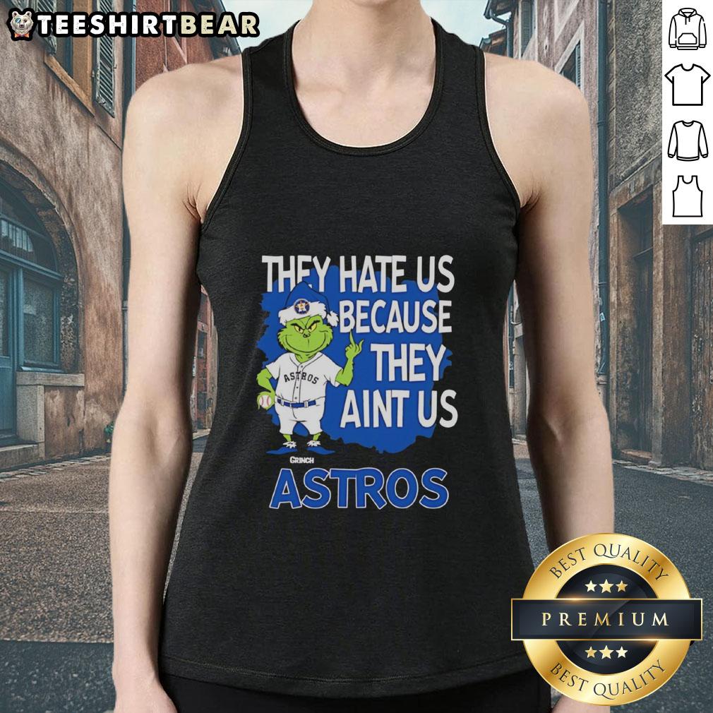Top Houston Astros Grinch Christmas tank top featuring 'They Hate Us Ain't Us' design for festive sports fans.
