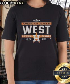 Alt Text: Houston Astros 2025 AL West Division Title Ladies Tee in postseason locker room, celebrating team spirit and victory.