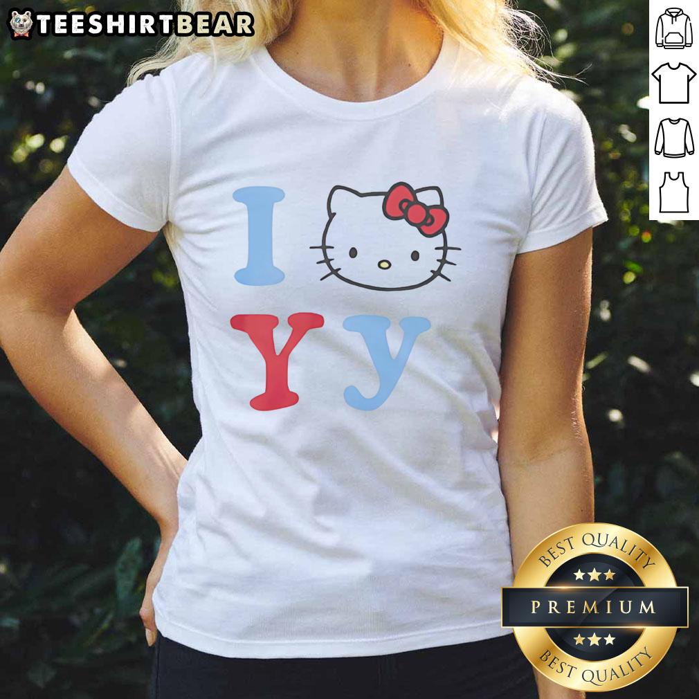 Alt Text: Top I Love YY Hello Kitty Ladies Tee featuring a cute graphic of Hello Kitty on a stylish women's t-shirt.