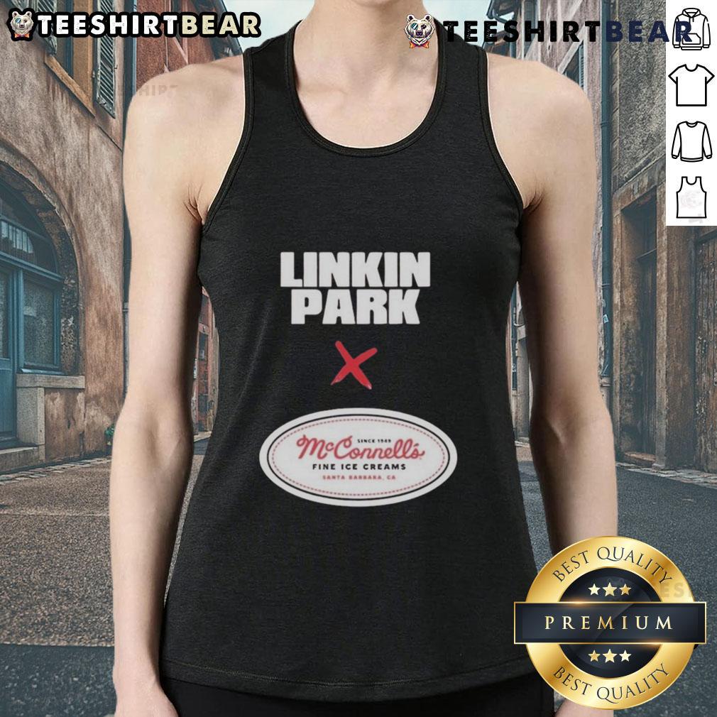 Top Linkin Park x McConnell's logo on a tank top for Fine Ice Creams event, September 5, 2025, in Santa Barbara, CA.