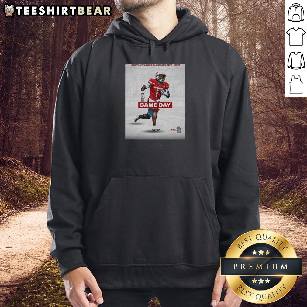 Alt Text: Louisville Cardinals vs James Madison football gameday hoodie for Week 2, showcasing team spirit and style.