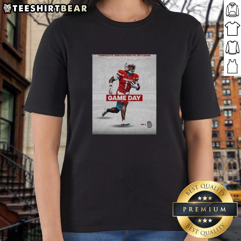 Top Louisville Cardinals vs James Madison football gameday week 2 ladies tee in red, showcasing team spirit and style.
