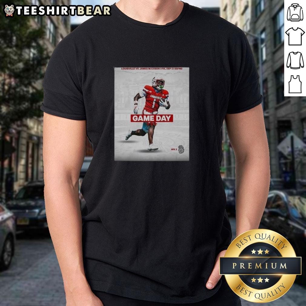 Top Louisville Cardinals vs James Madison Football Gameday Week 2 T-Shirt featuring team logos and vibrant colors.