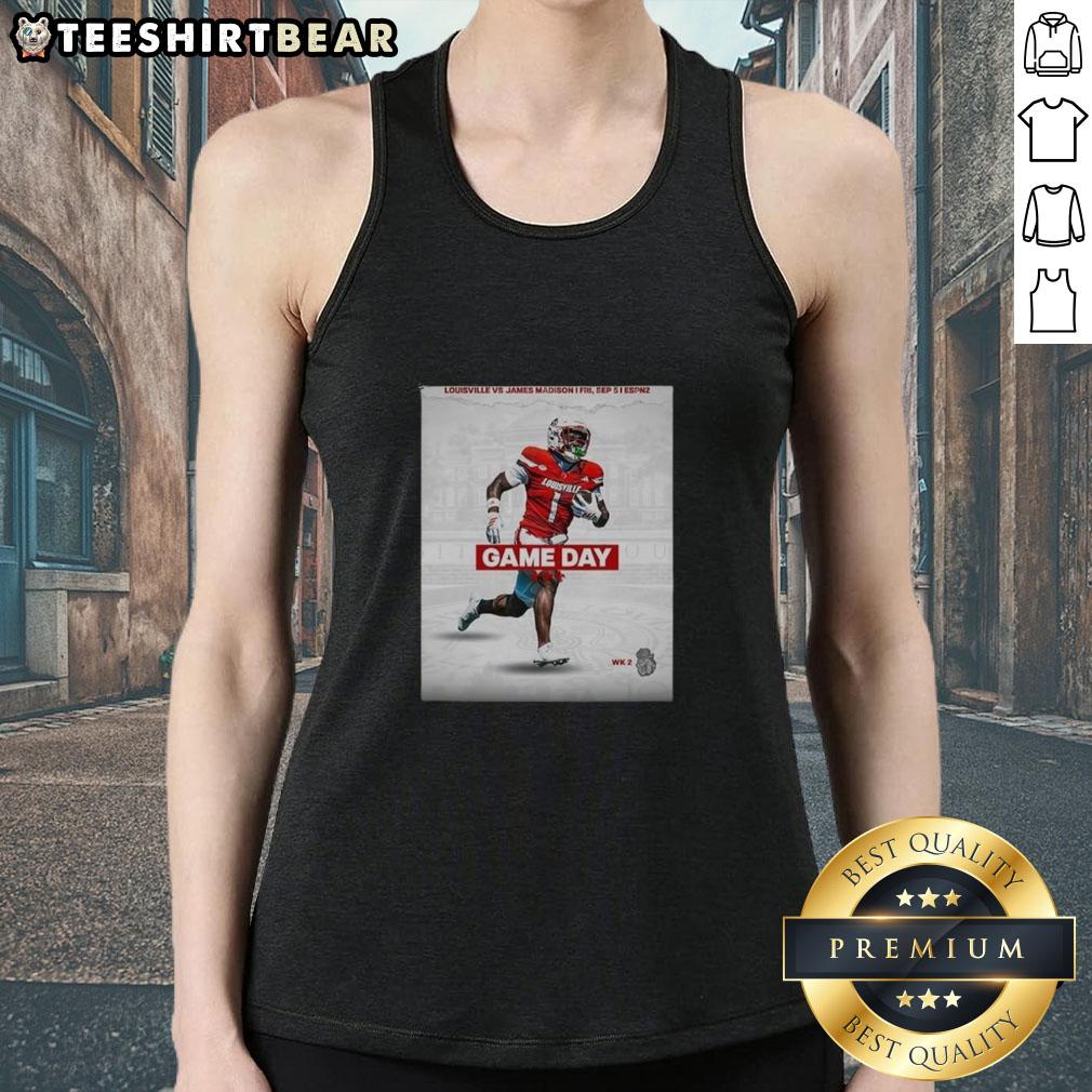 Top Louisville Cardinals vs James Madison football gameday week 2 tank top featuring team colors and logo.
