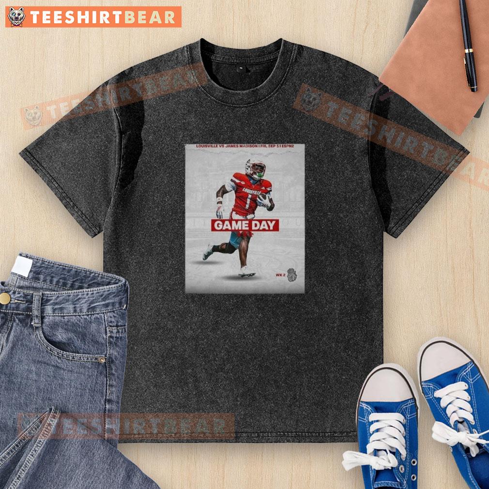 Louisville Cardinals vs James Madison football gameday week 2 washed t-shirt featuring team colors and logo.
