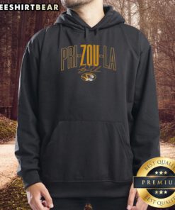Alt Text: Beau Pribula wearing a Top Missouri Tigers football hoodie featuring Pri-Zou La signature design.