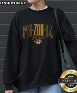 Beau Pribula wearing a Missouri Tigers football sweatshirt, showcasing the Pri-Zou La signature design.