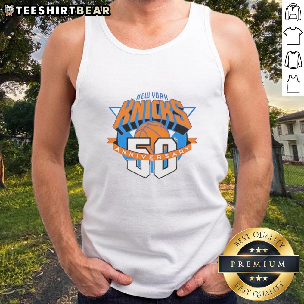 New York Knicks 50th Anniversary logo tank top featuring vibrant colors and iconic basketball design, perfect for fans.