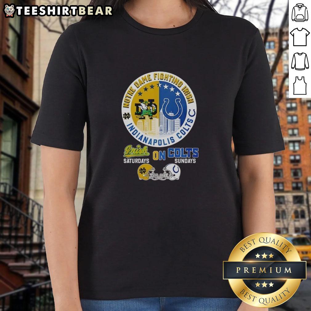 Top Notre Dame Fighting Irish Saturdays & Indianapolis Colts Sundays ladies tee featuring vibrant team graphics.