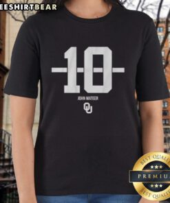 Top Oklahoma Sooners Football John Mateer 10 Stripe Ladies Tee in crimson and white, perfect for game day style.