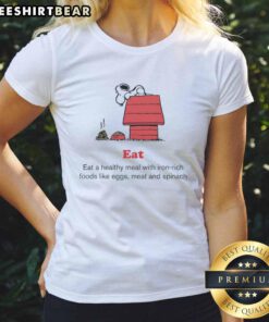 Top Peanuts & American Red Cross: Enjoy a healthy meal with iron-rich foods like eggs, meat, and spinach on a ladies' tee.
